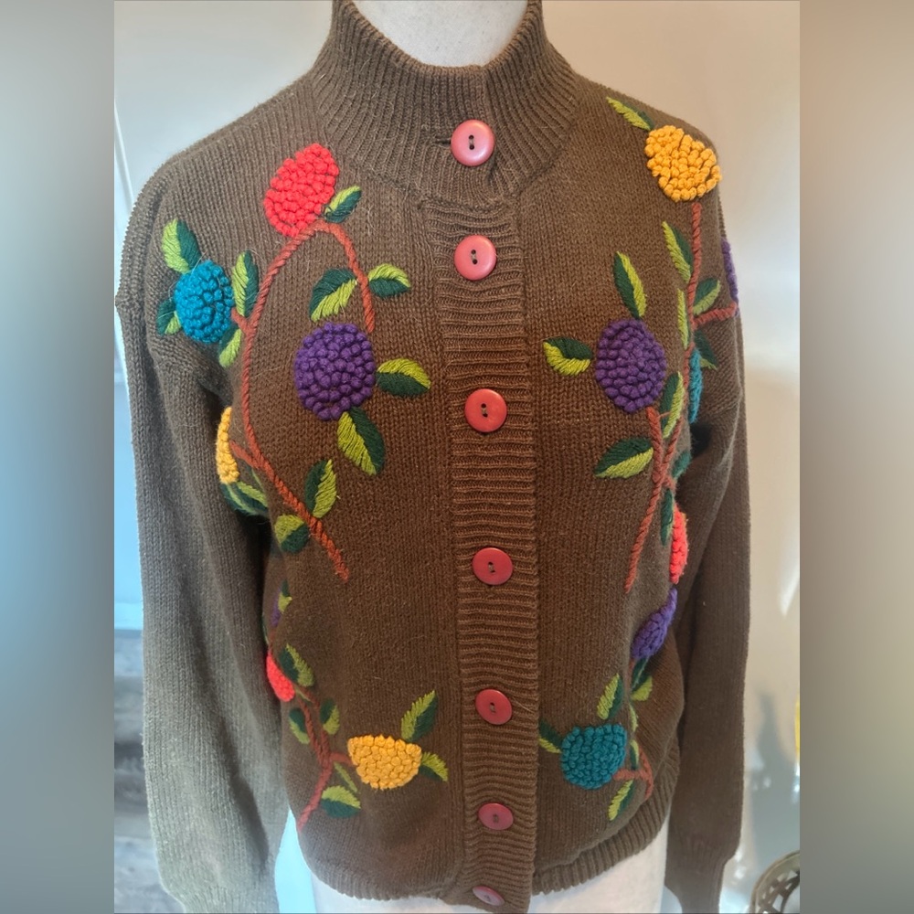 Floral Embroidered Brown Cardigan